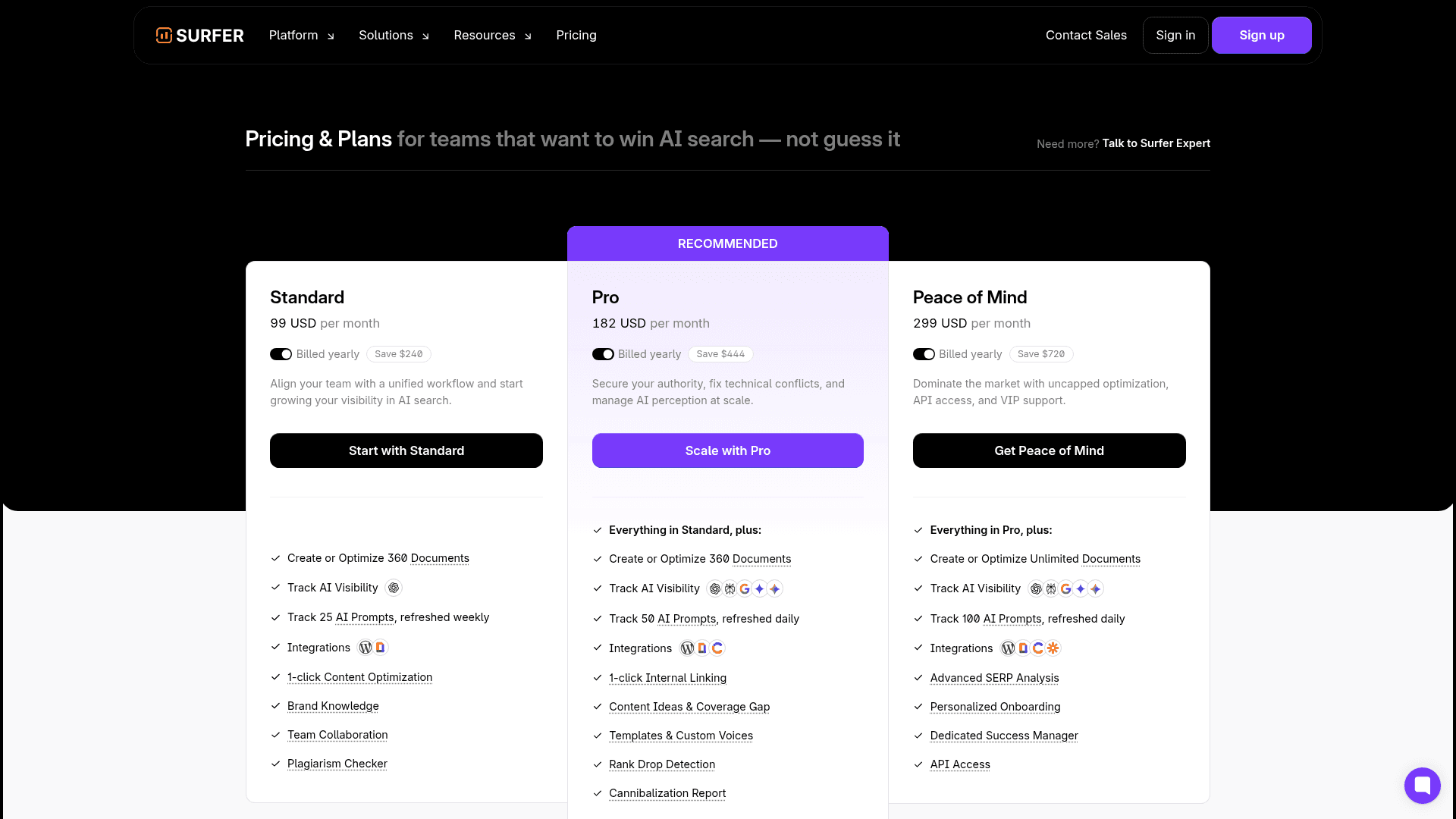 SurferSEO pricing page