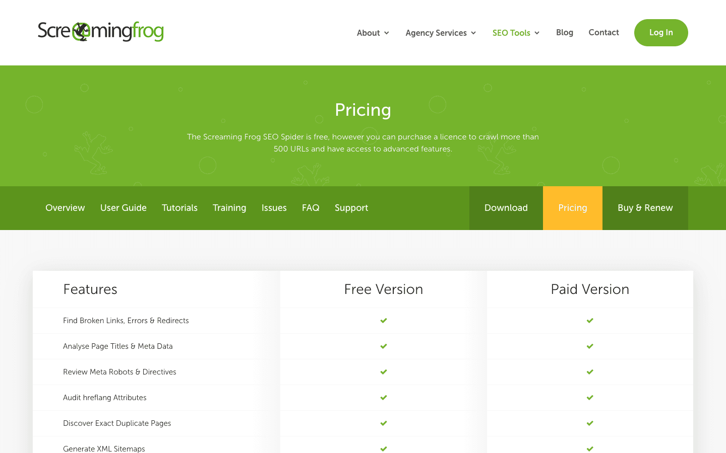 Screaming Frog pricing page