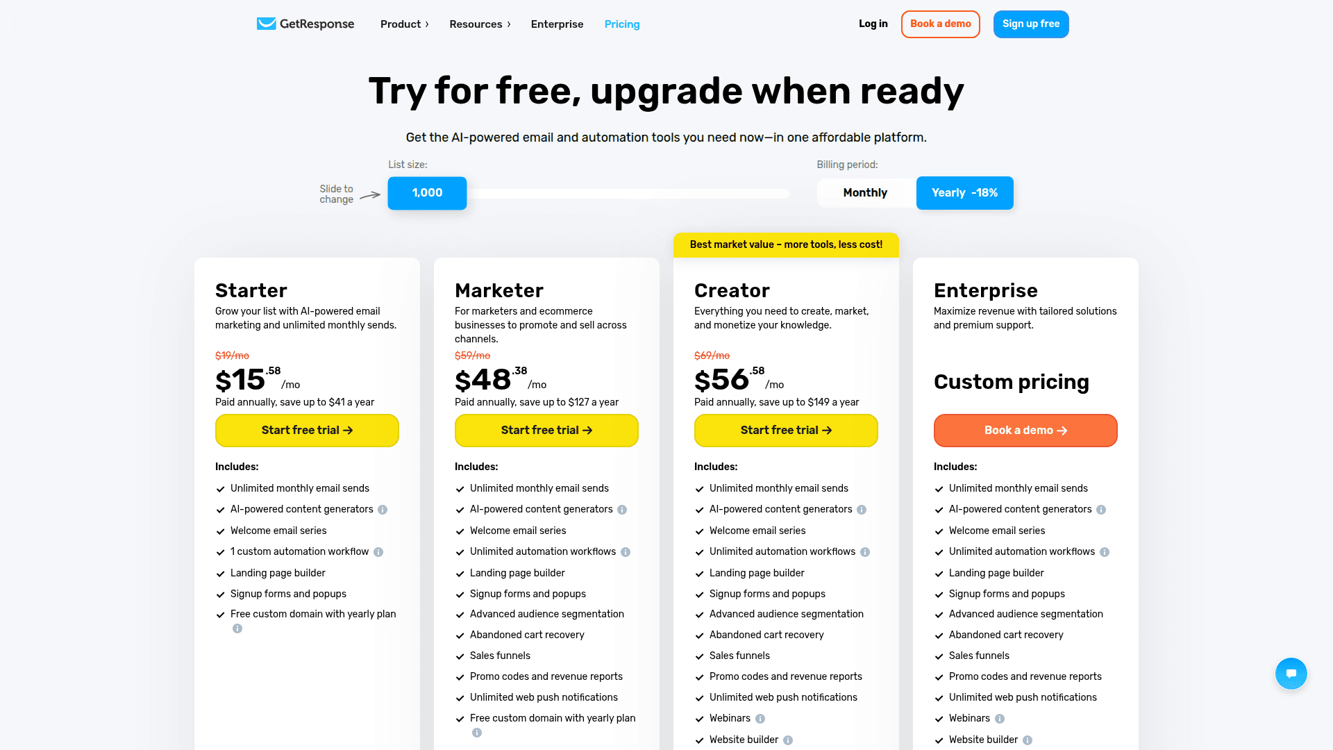 GetResponse pricing page