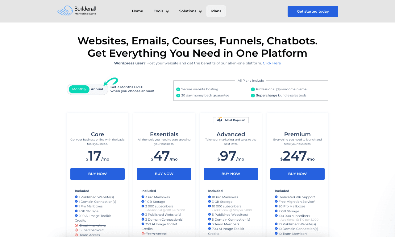 Builderall pricing page