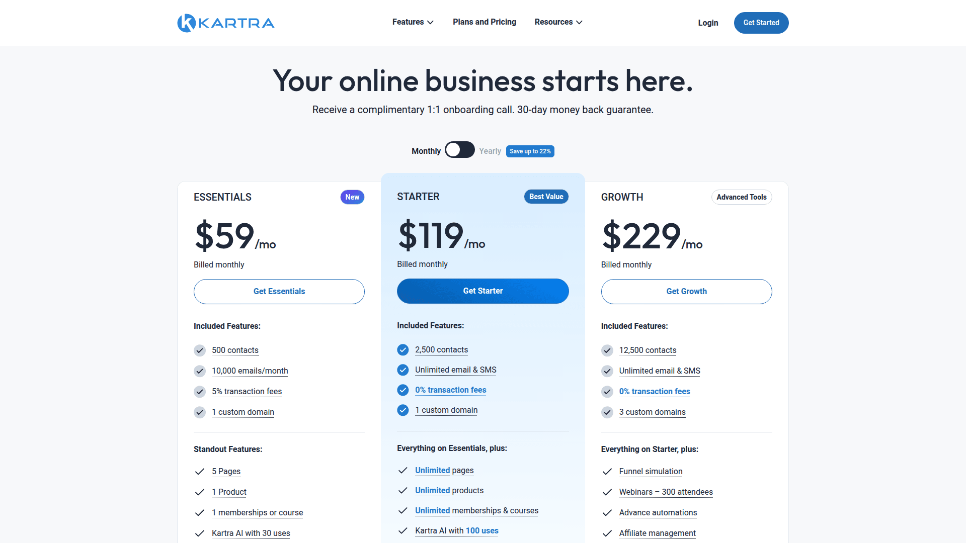 Kartra pricing page