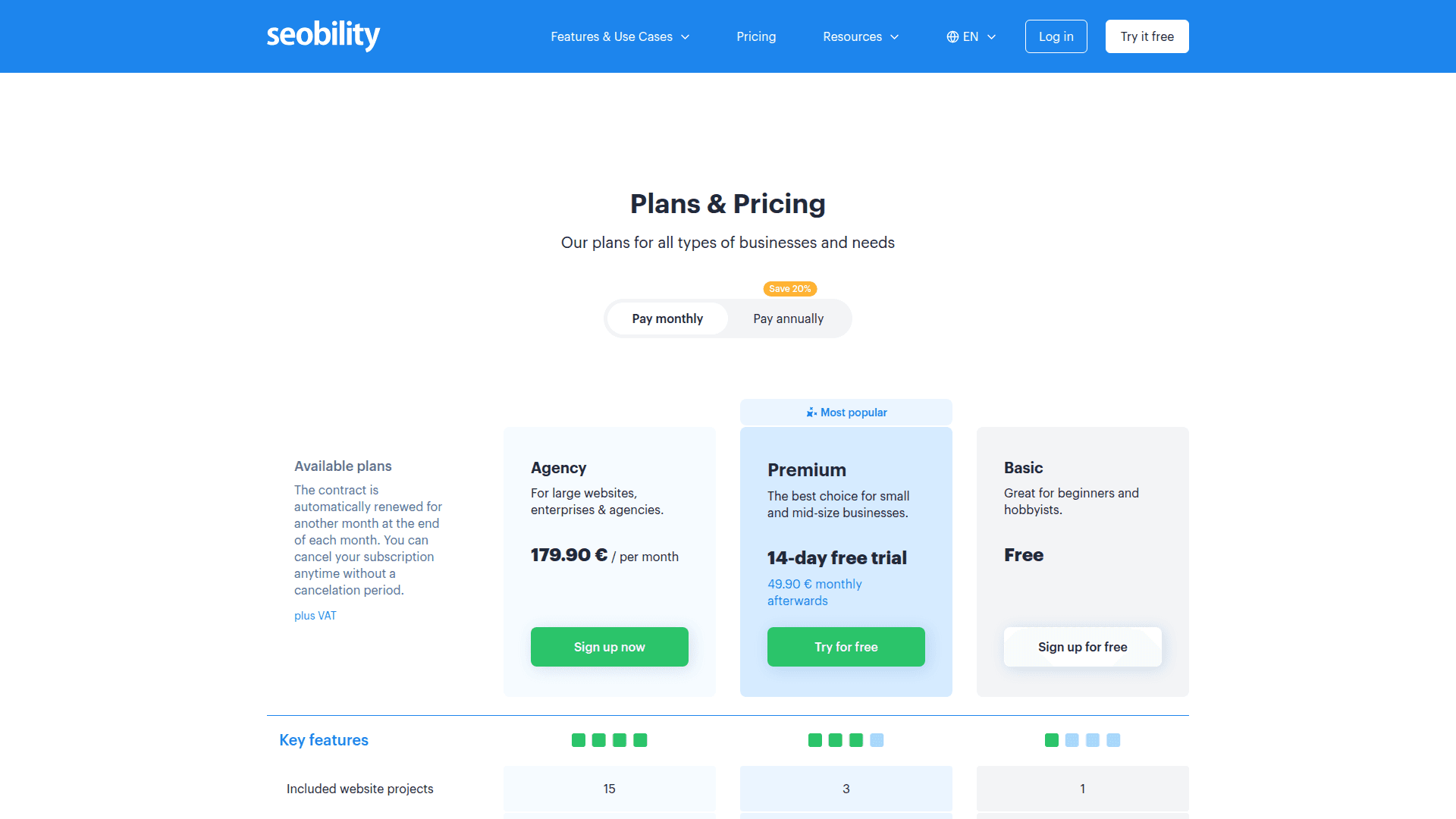 Seobility pricing page
