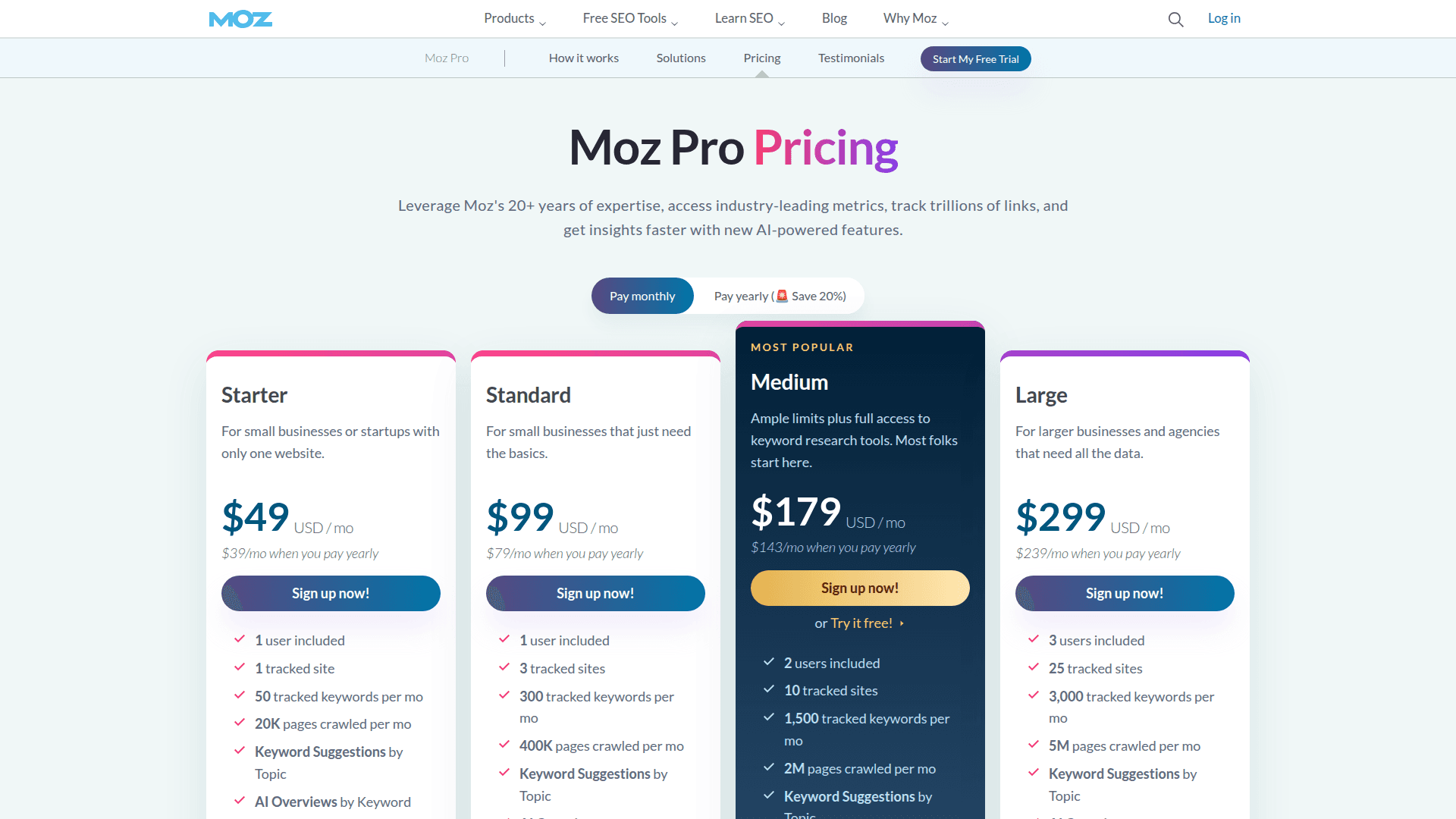Moz Pro pricing page