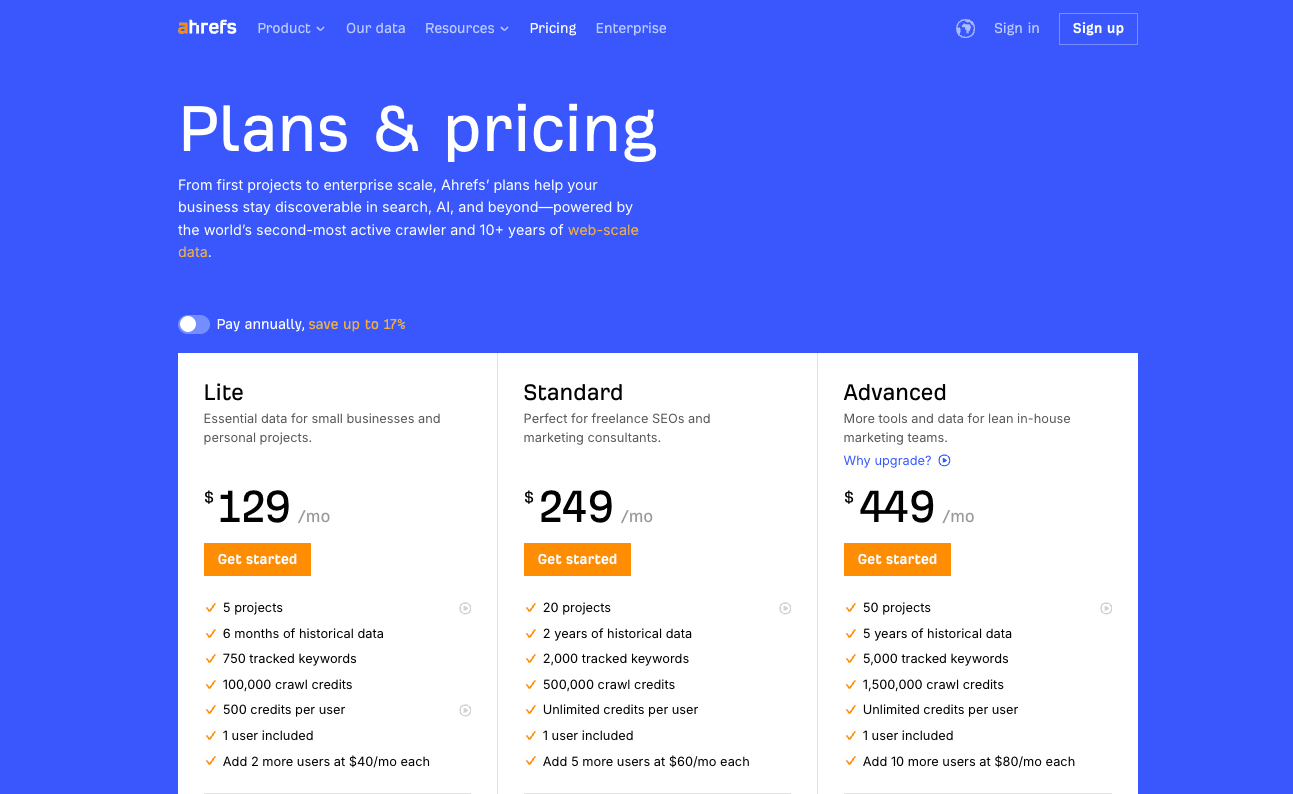 Ahrefs pricing page