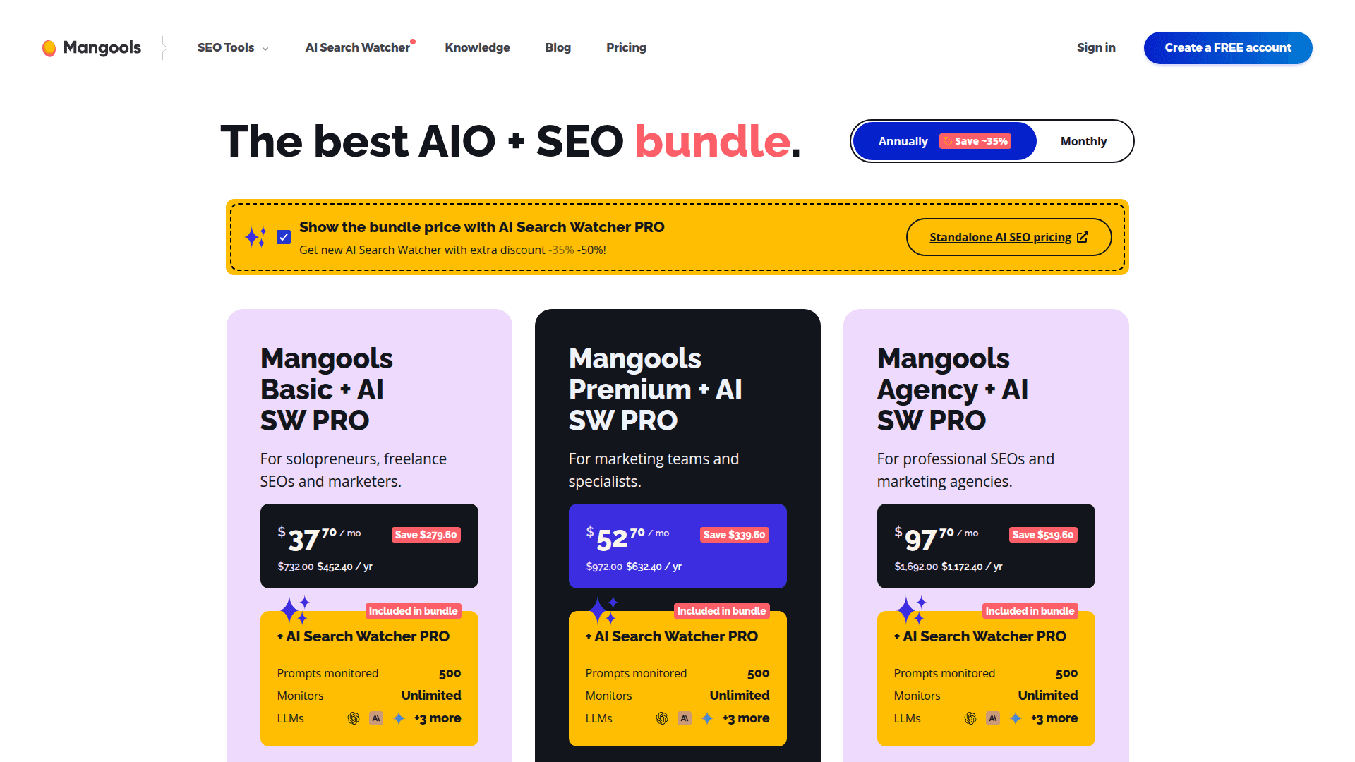 Mangools pricing page