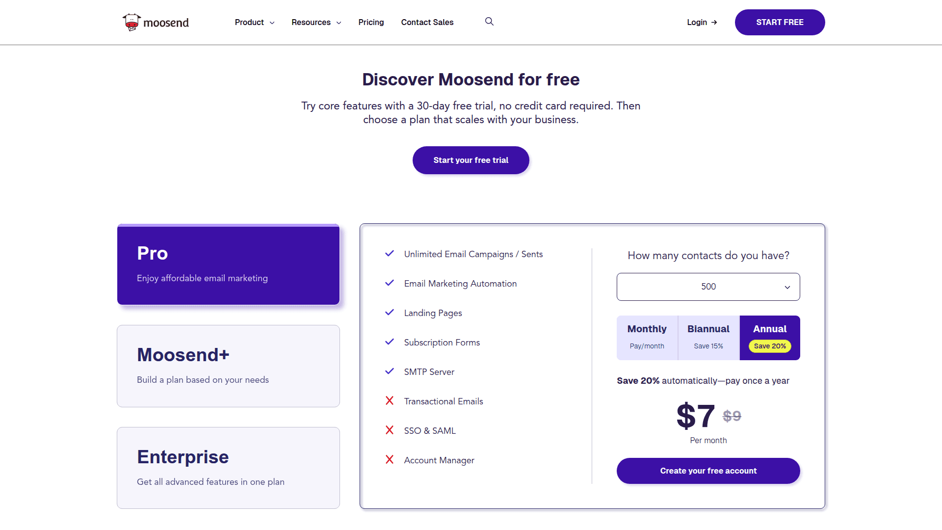 Moosend pricing page