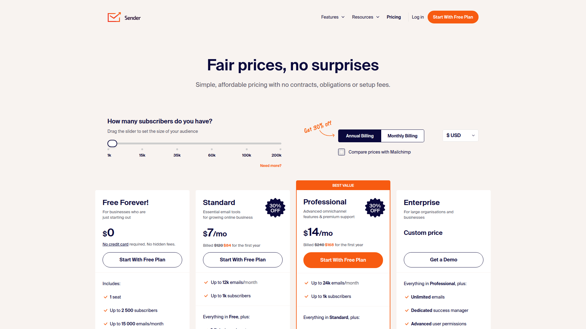 Sender pricing page