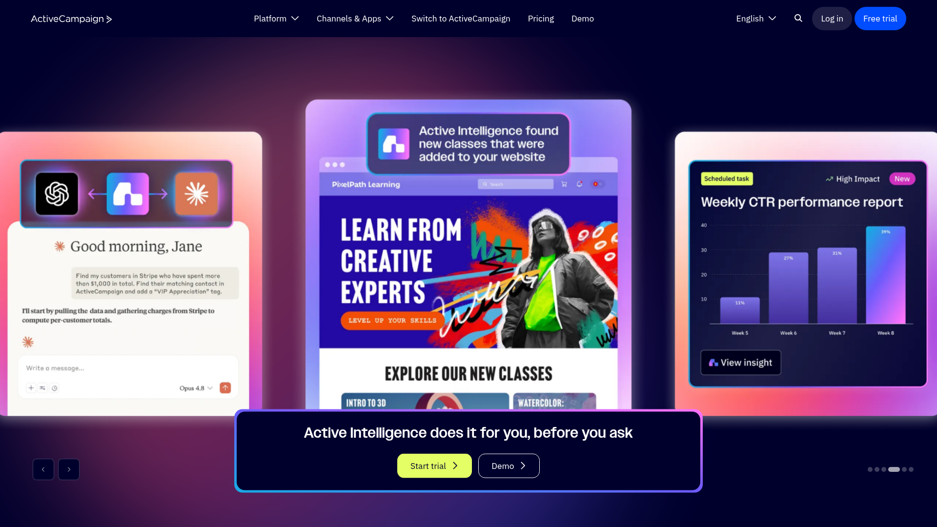 ActiveCampaign homepage showing its current product positioning