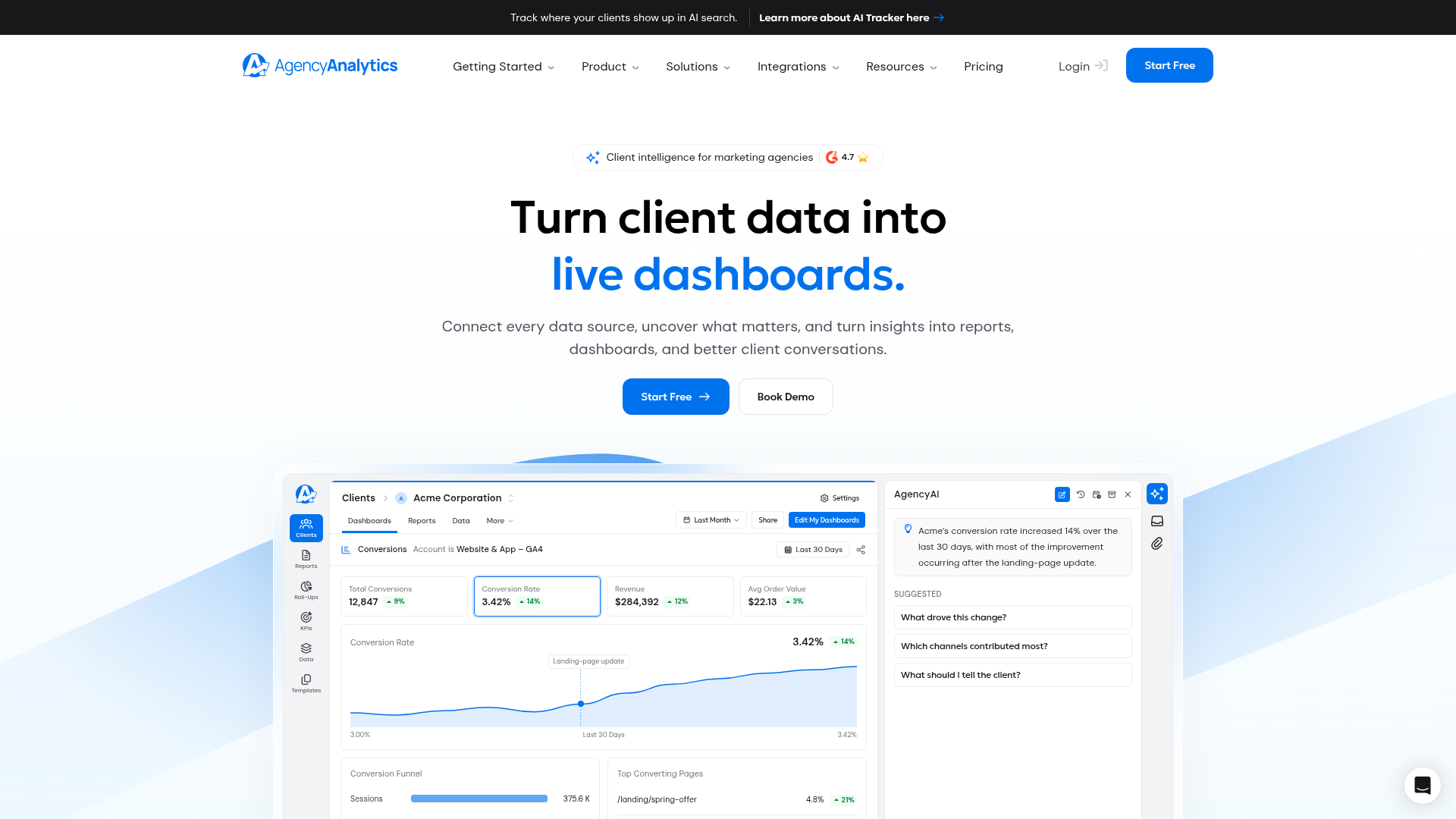 AgencyAnalytics homepage showing its current product positioning
