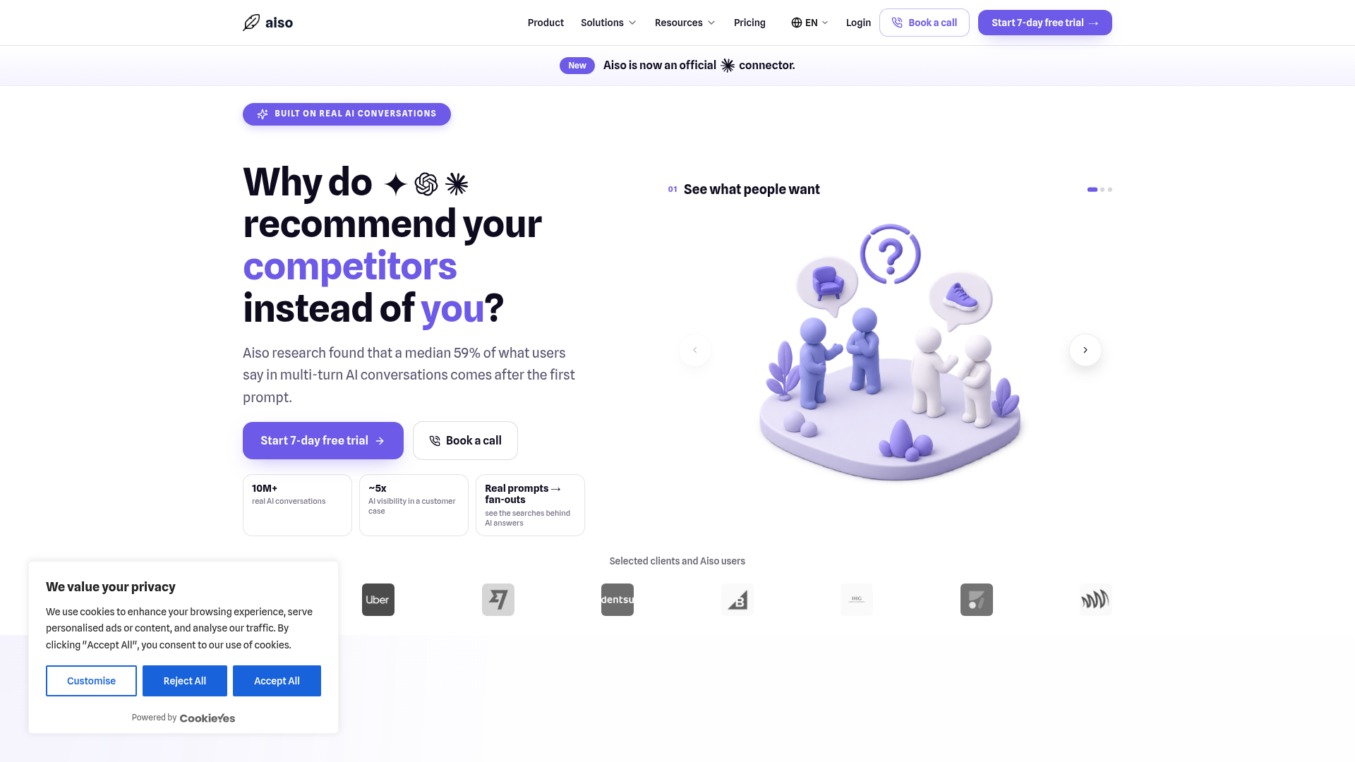 Aiso homepage showing its current product positioning