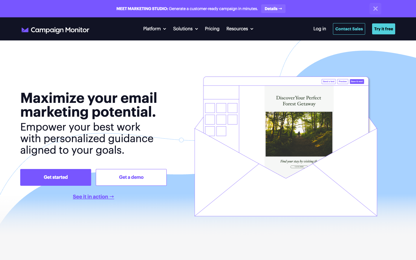Campaign Monitor homepage with the headline Maximize your email marketing potential and an email builder illustration