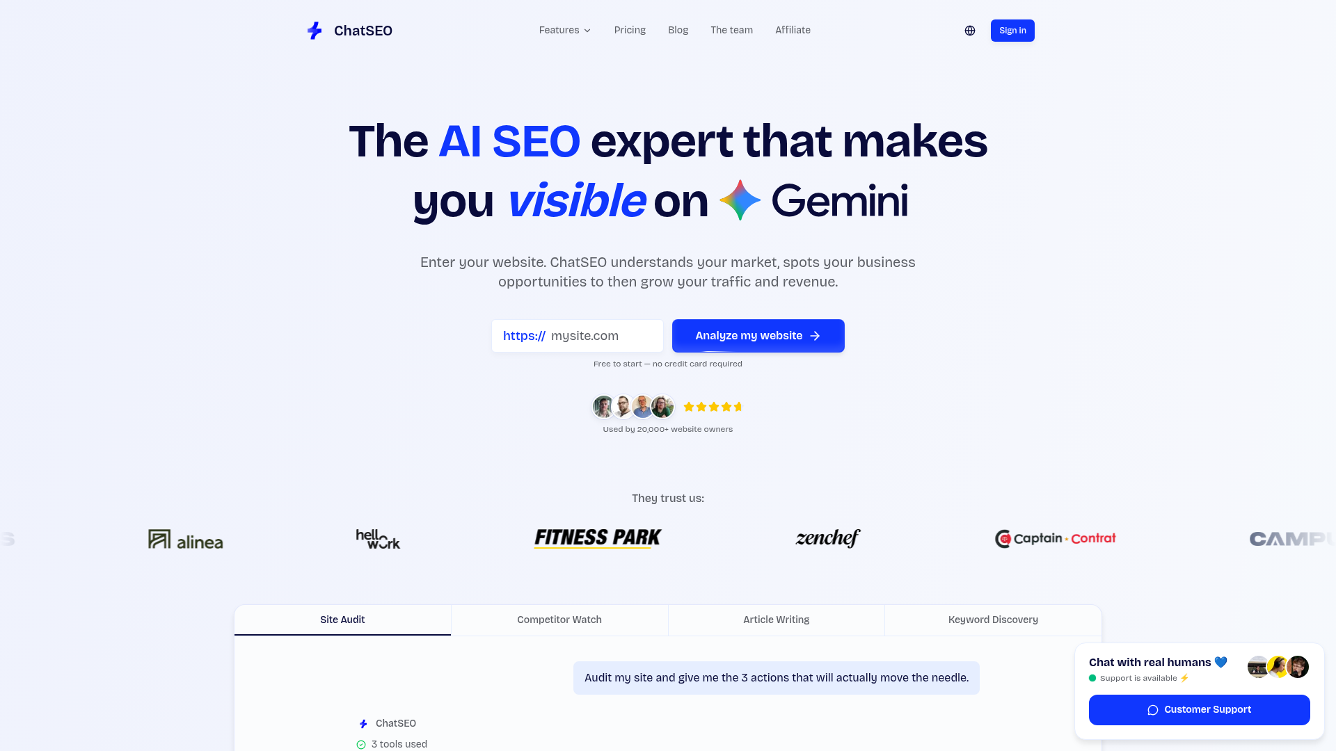 ChatSEO homepage showing its automated SEO and content offer