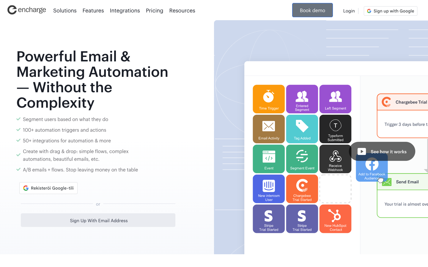 Encharge homepage showing the flow builder trigger tiles for Stripe, Chargebee, Typeform, HubSpot and Segment