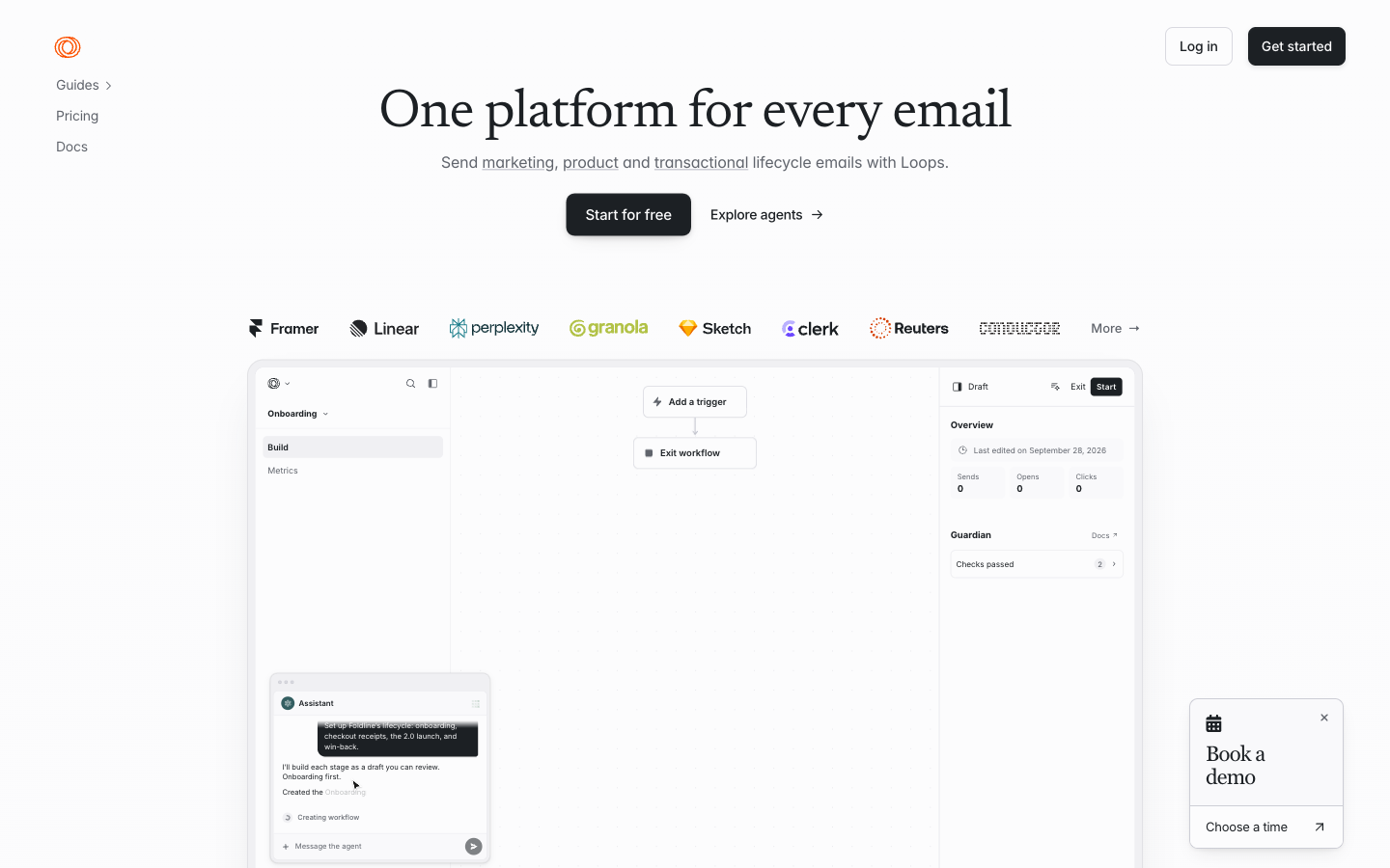 Loops homepage showing a workflow builder with an assistant panel and the headline One platform for every email