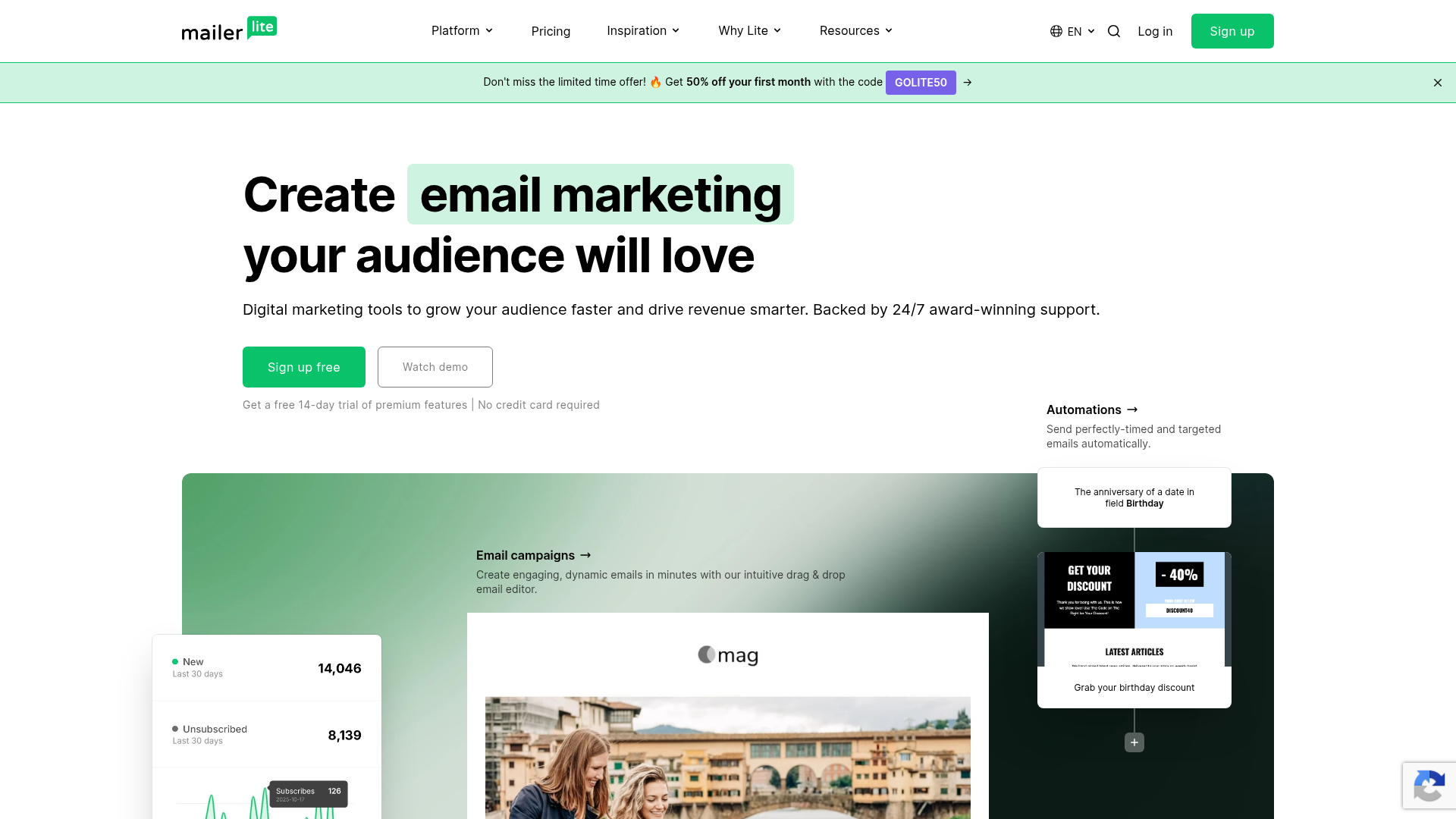 MailerLite homepage showing its current product positioning