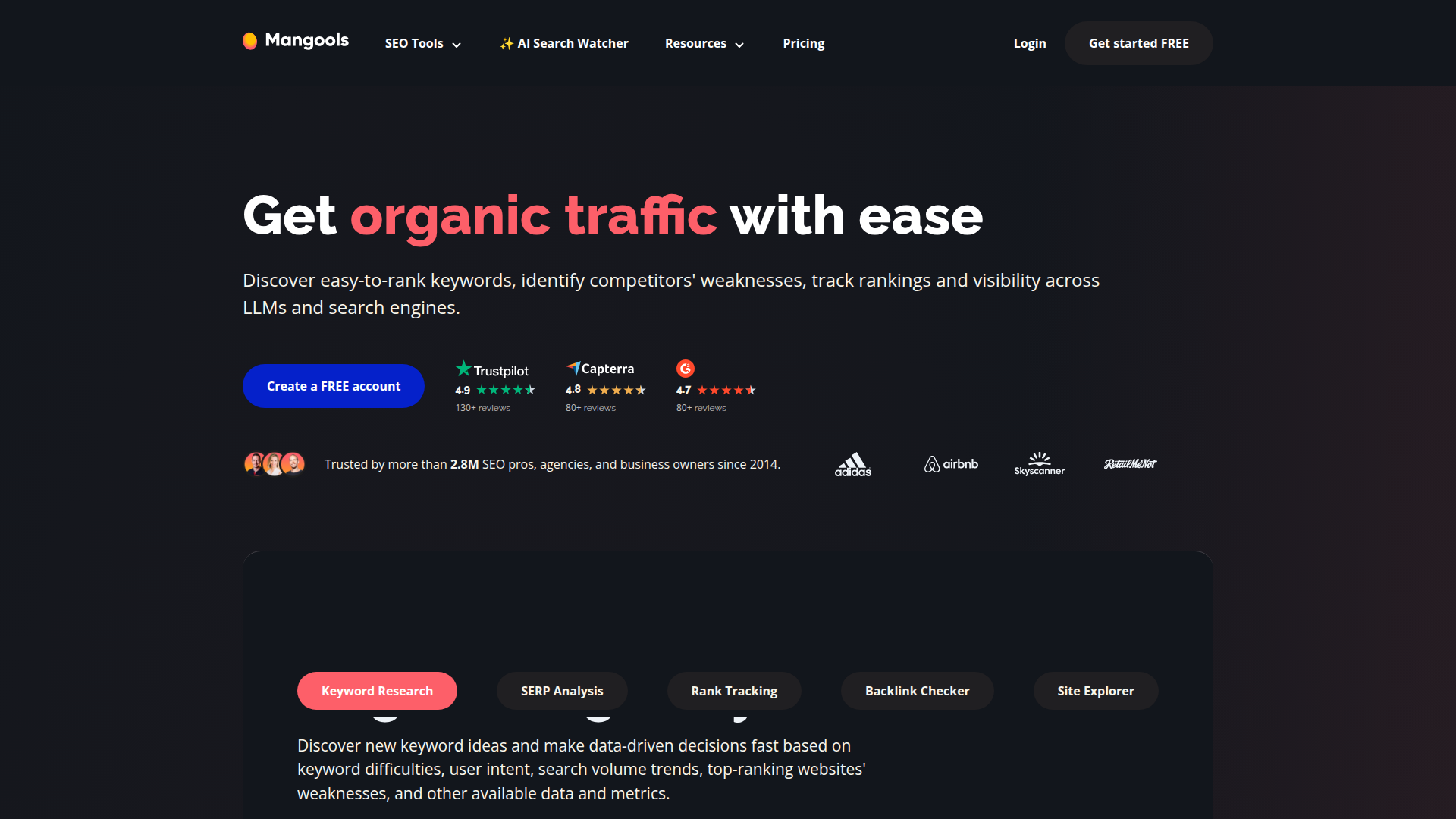 Mangools homepage showing its SEO tools and AI Search Watcher