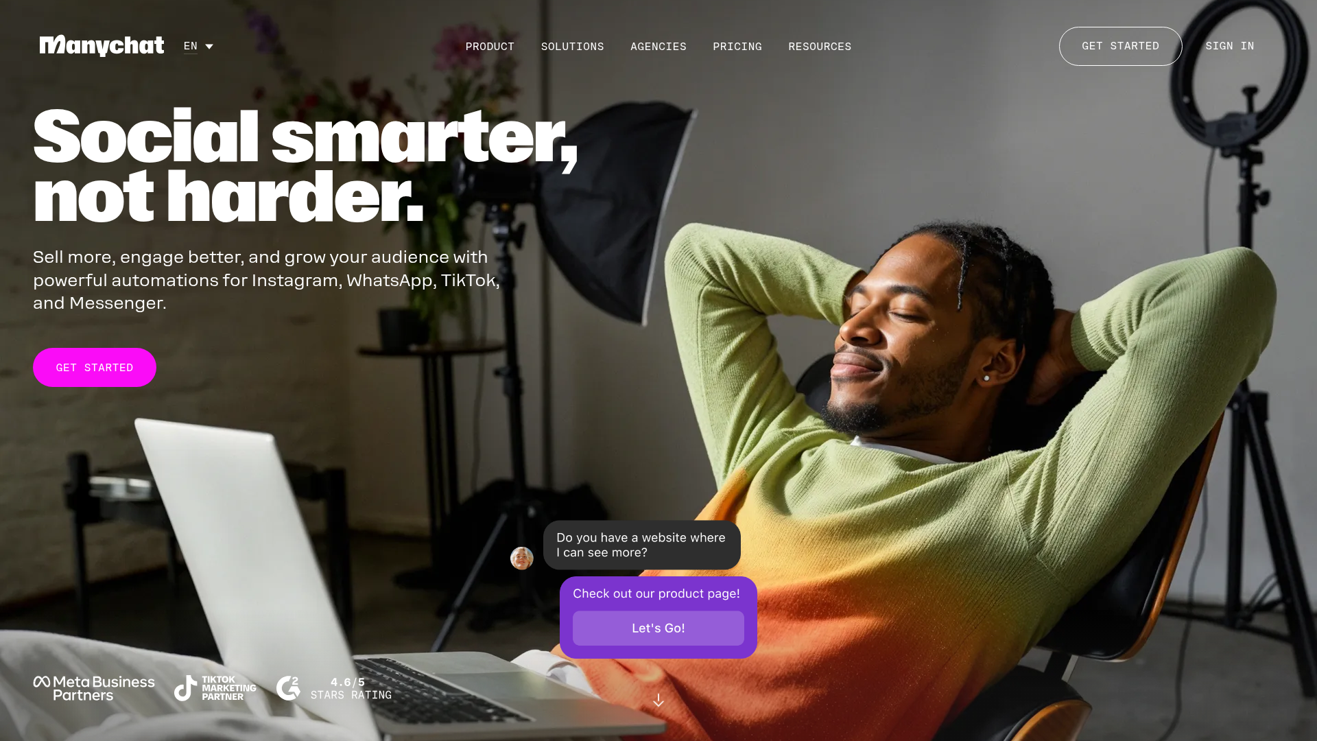 ManyChat homepage showing its current product positioning