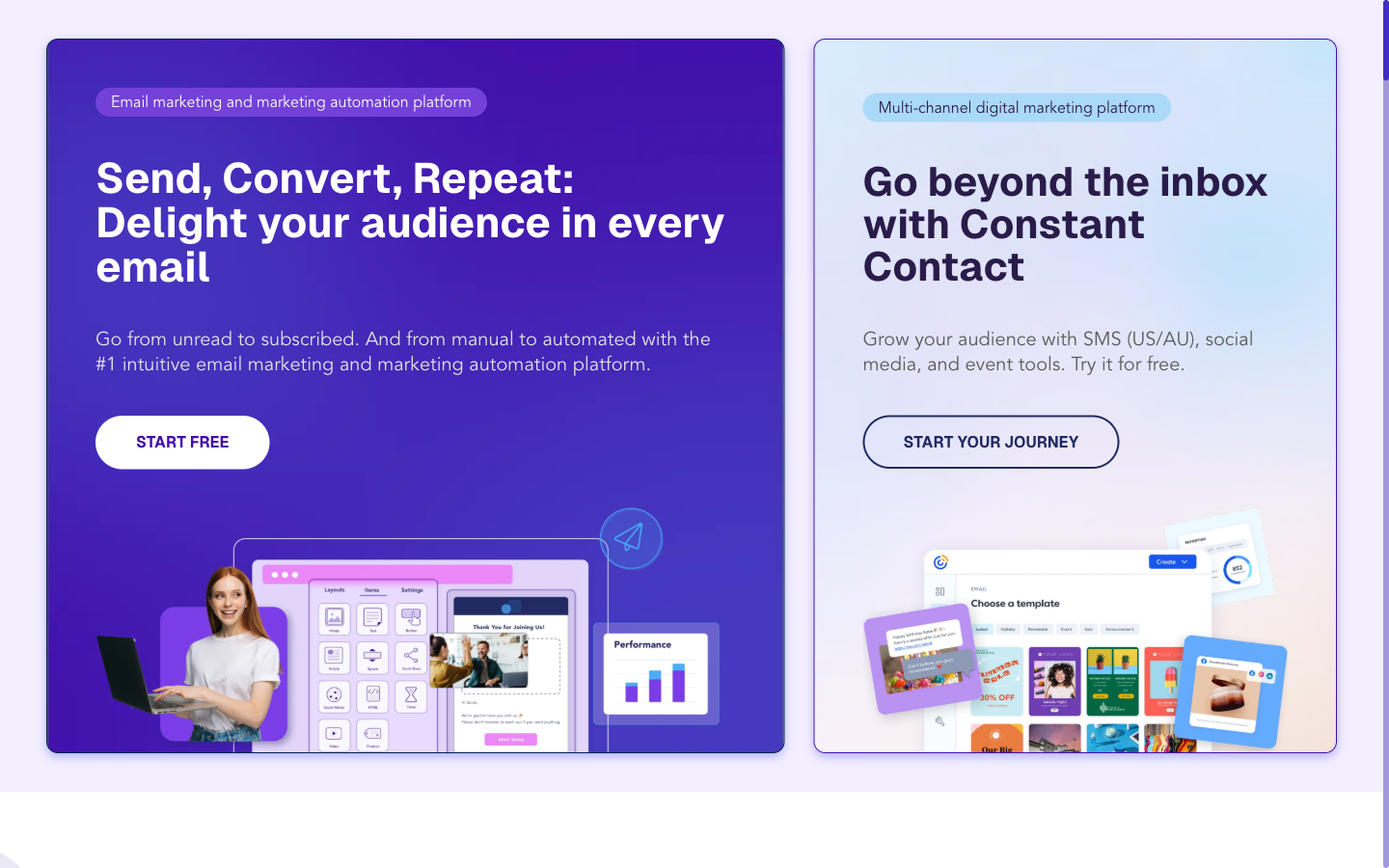 Moosend homepage with two cards, one for Moosend email marketing and one for Constant Contact