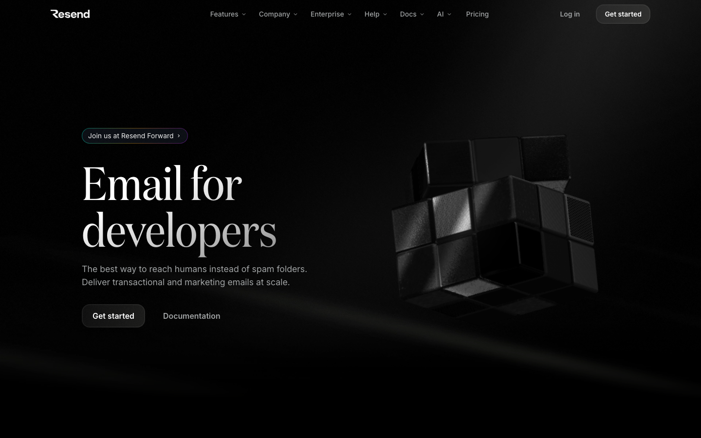 Resend homepage headline reading Email for developers with a get started button