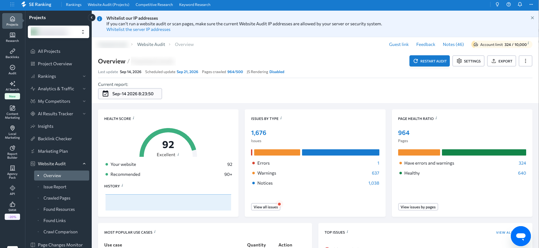 SE Ranking Website Audit overview for one of my own sites, showing a 92 health score and issue breakdown