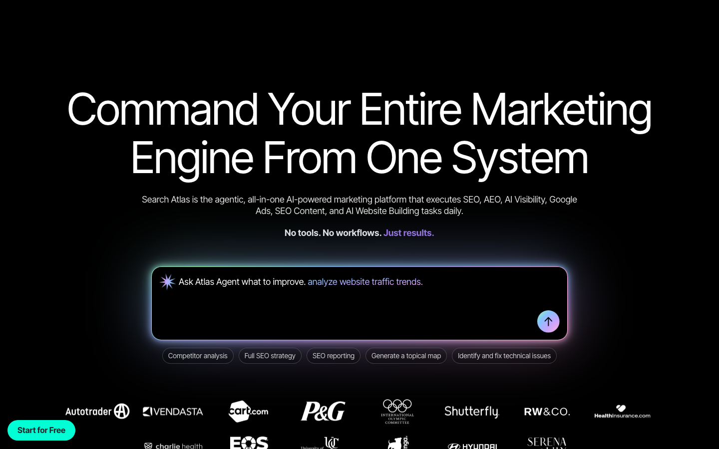 Search Atlas homepage presenting its agentic marketing platform