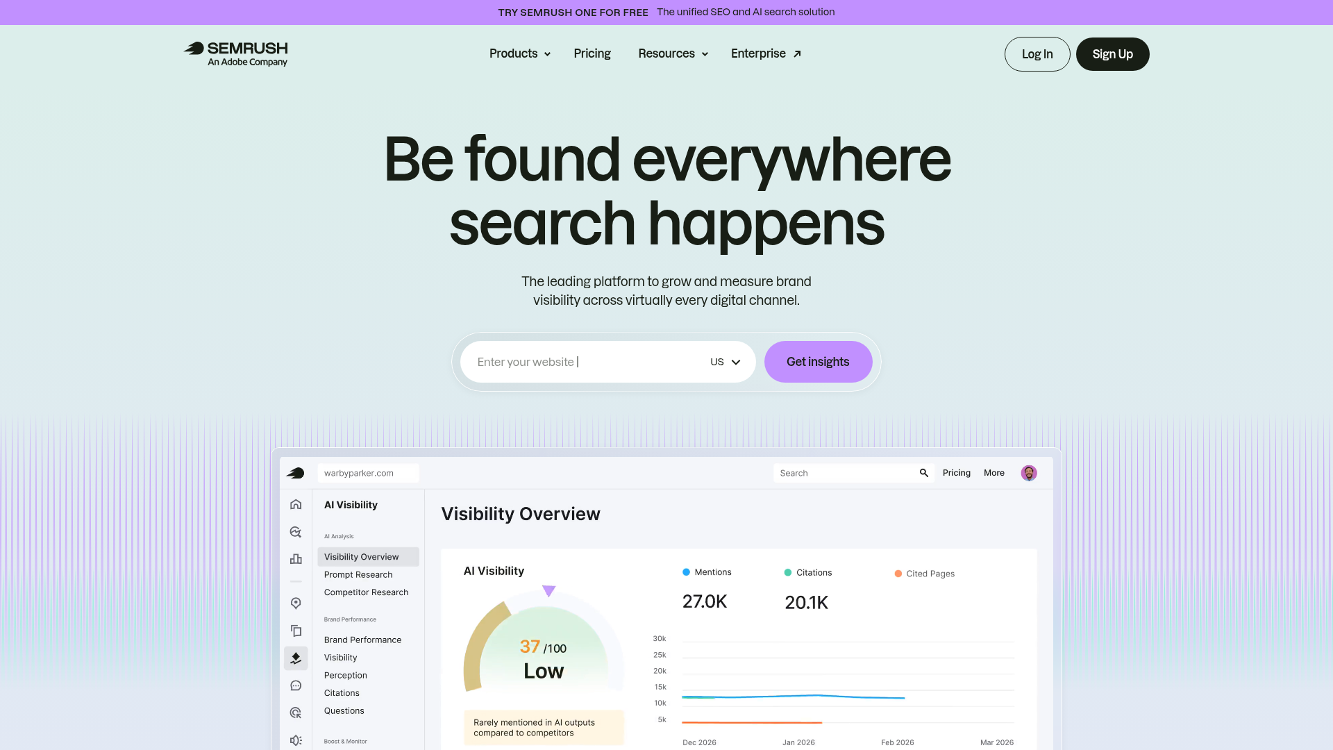 Semrush homepage showing its SEO and AI search platform