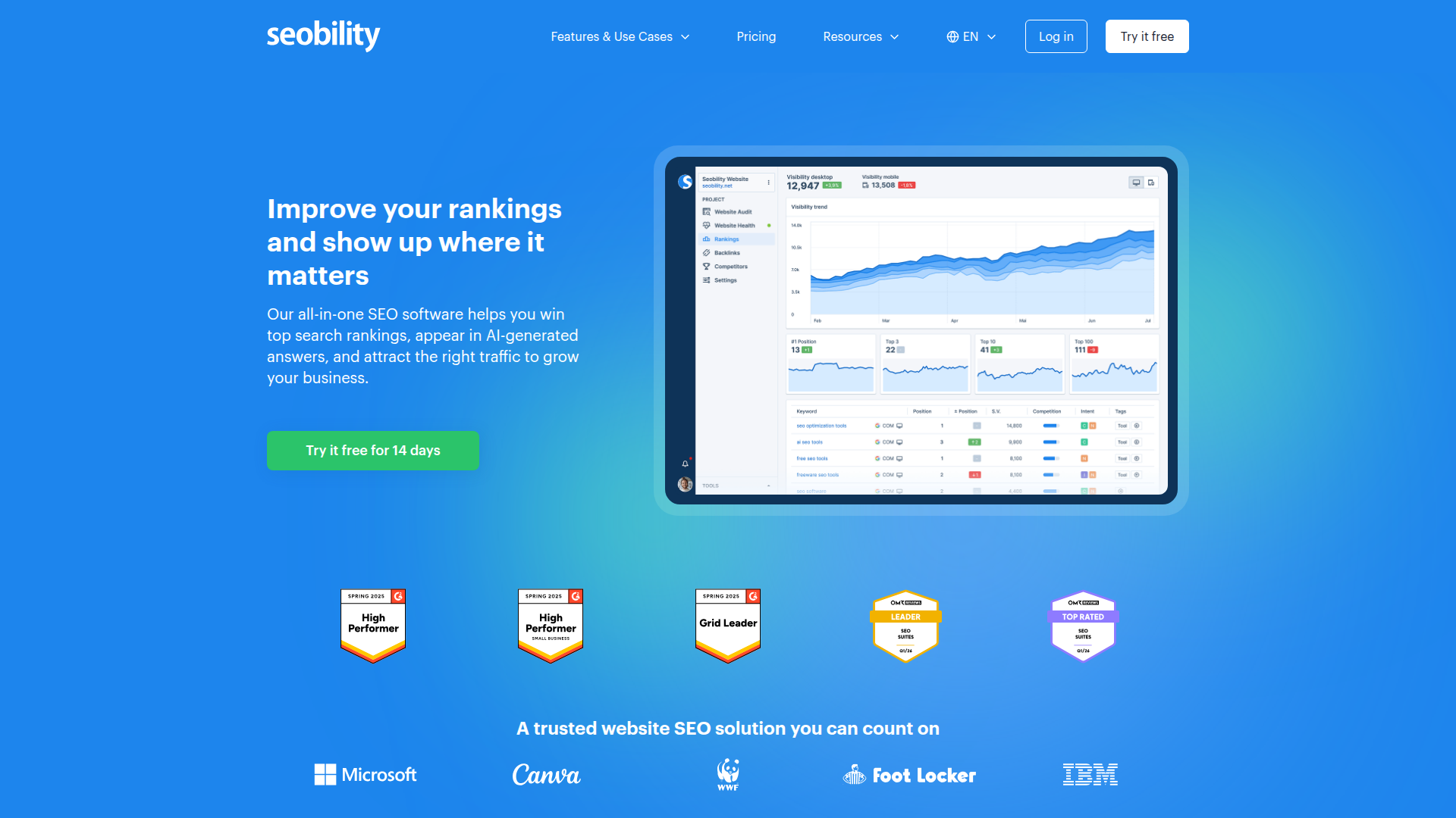 Seobility homepage showing its SEO monitoring dashboard
