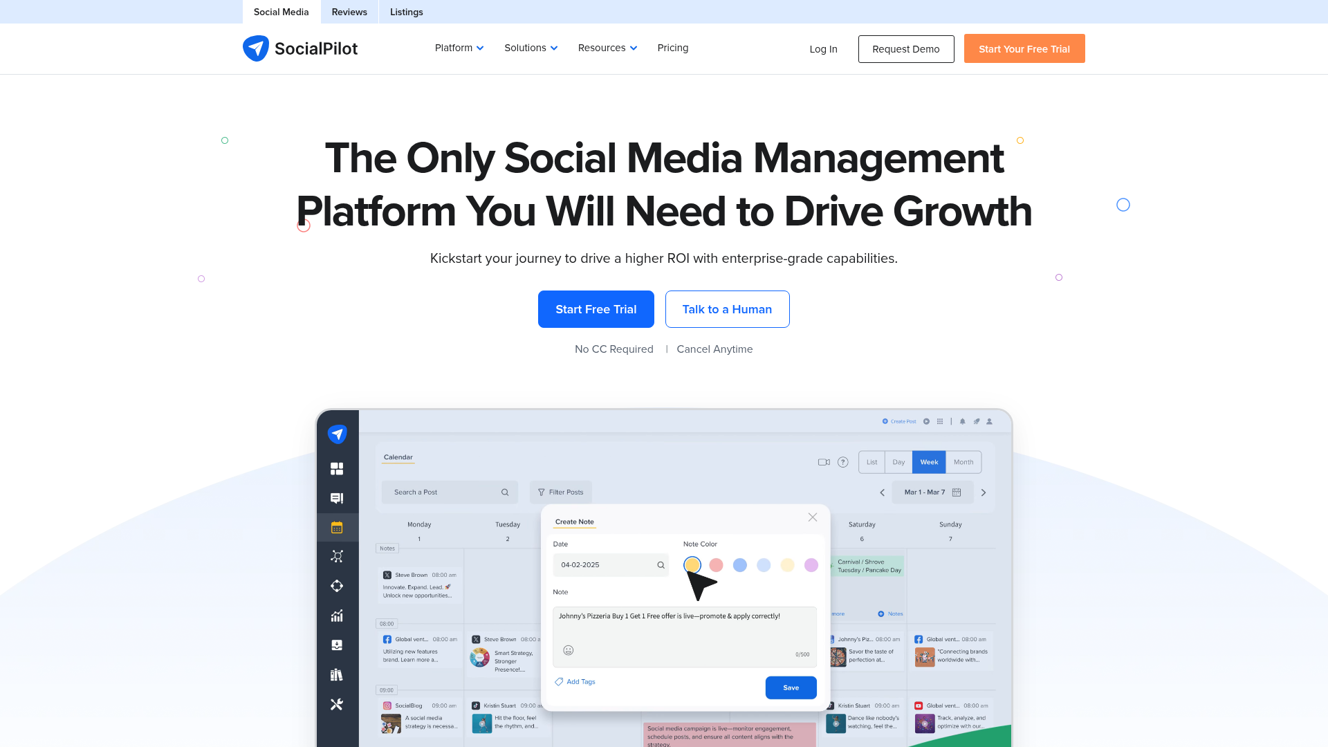 SocialPilot homepage showing its current product positioning