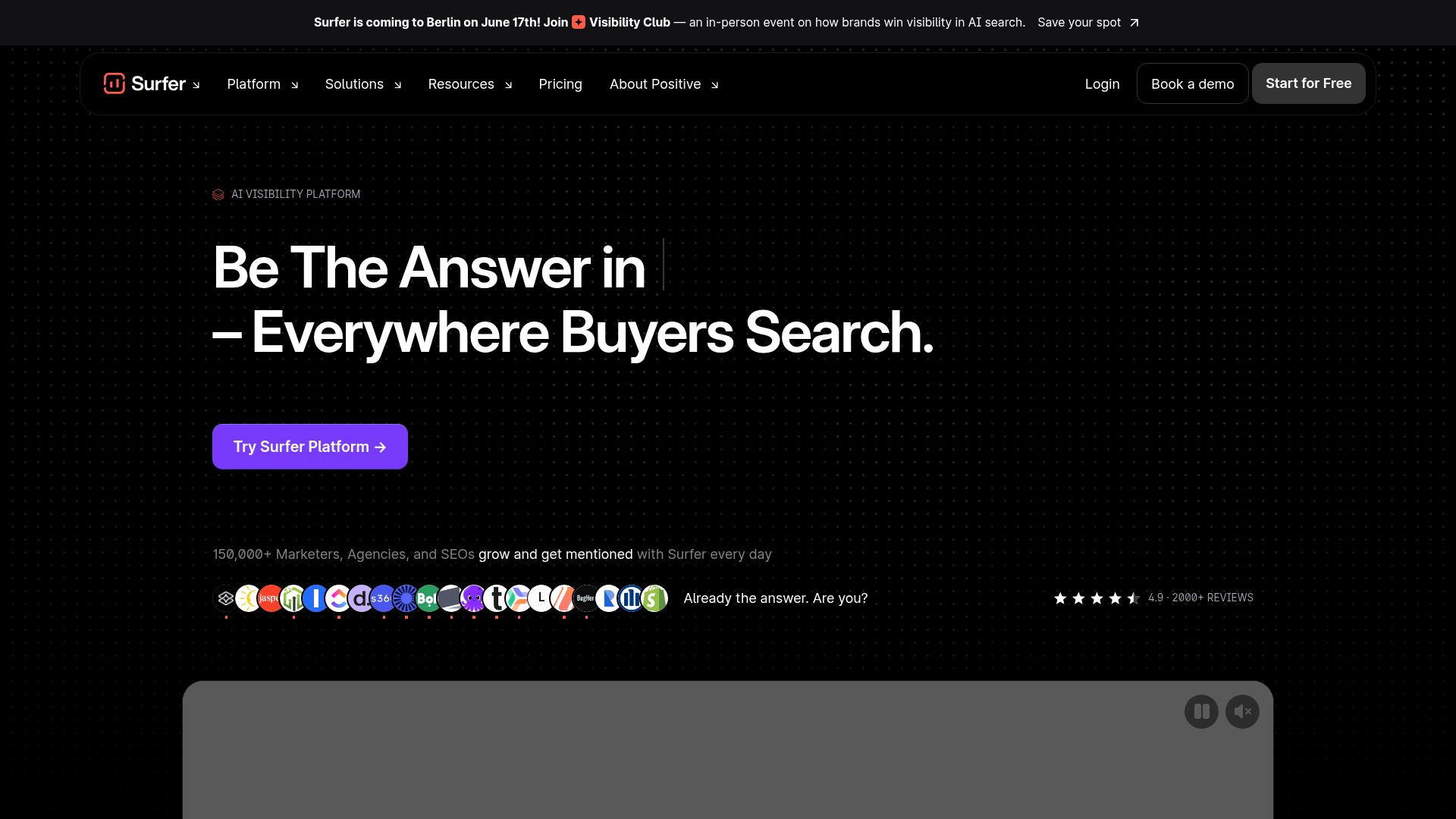 Surfer homepage presenting its AI Visibility Platform