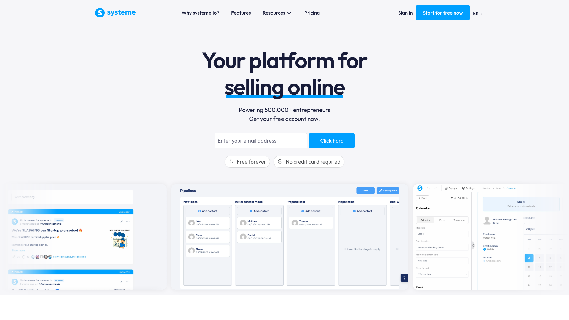 Systeme.io homepage showing its current product positioning