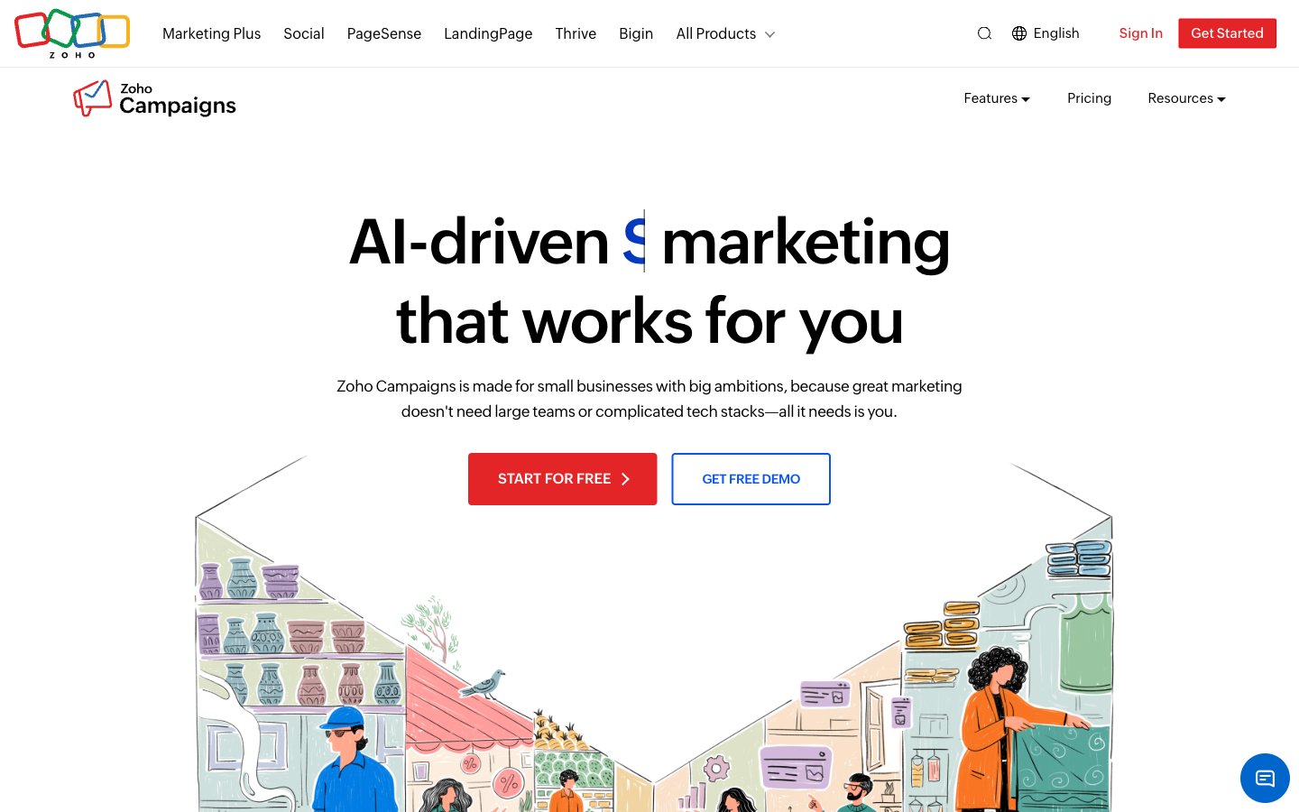 Zoho Campaigns homepage with the headline AI-driven marketing that works for you and Start for free button