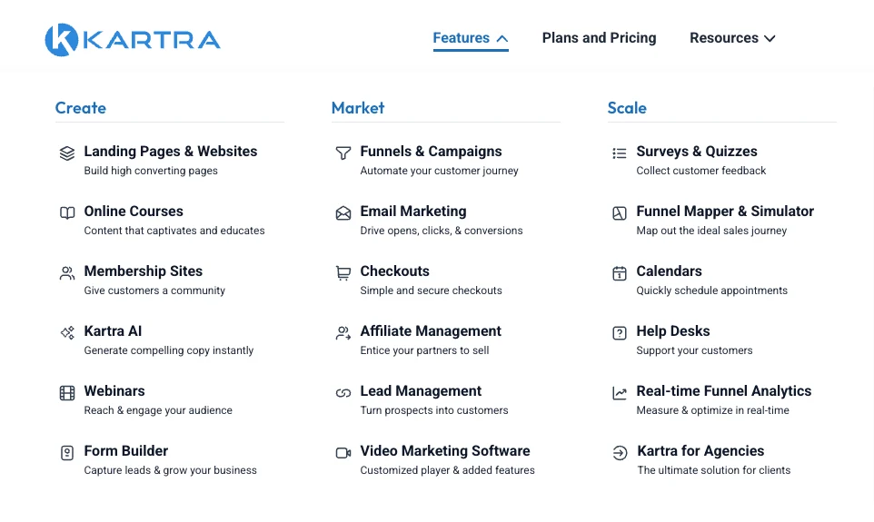 Screenshot showing Kartra features including page builder, email marketing, membership sites, and analytics