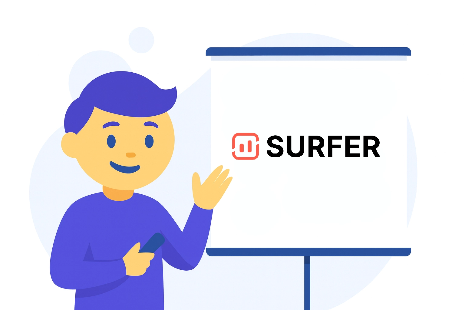 That Marketing Buddy reviewing Surfer SEO on a laptop — content optimization tool illustration