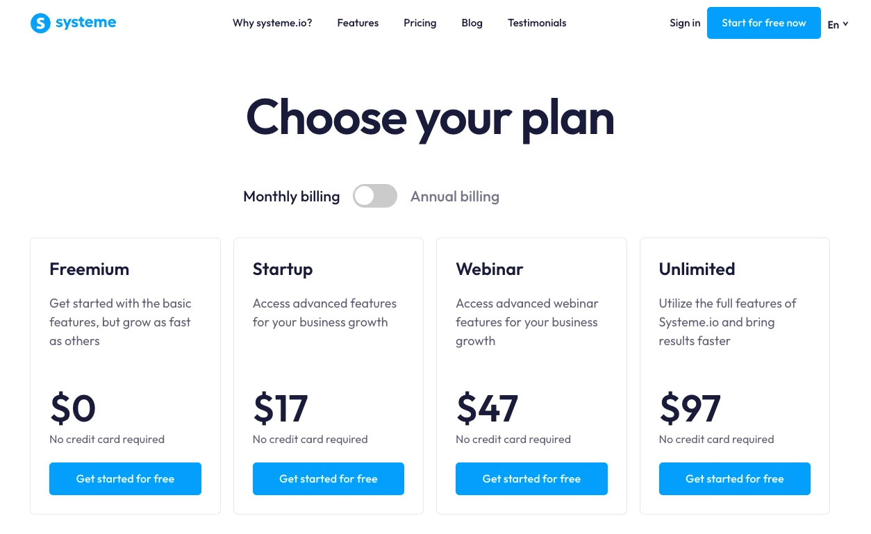Systeme.io pricing screenshot showing different plans