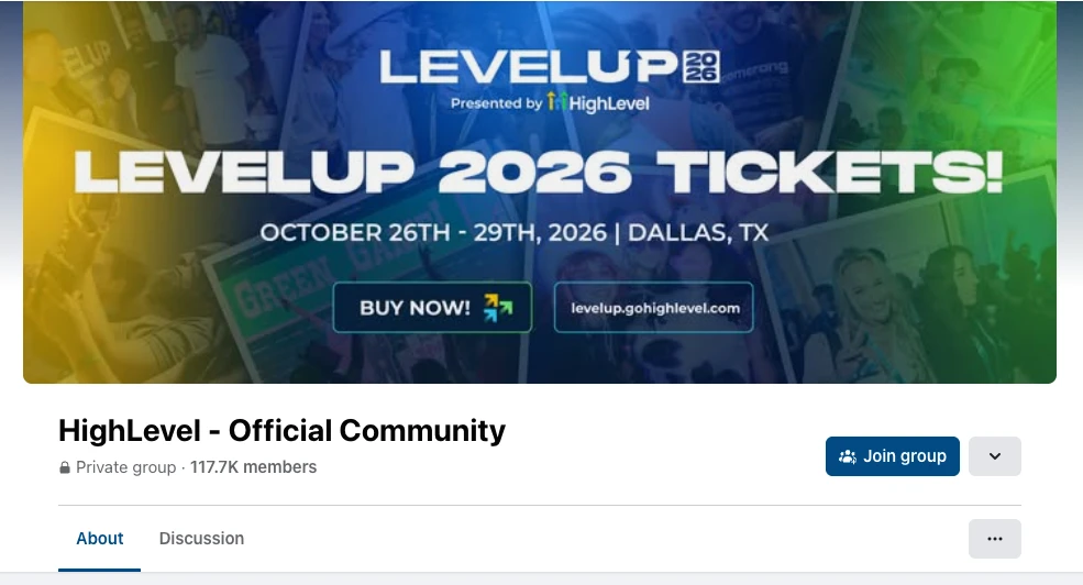 GoHighLevel Facebook group and LevelUp 2025 event banner