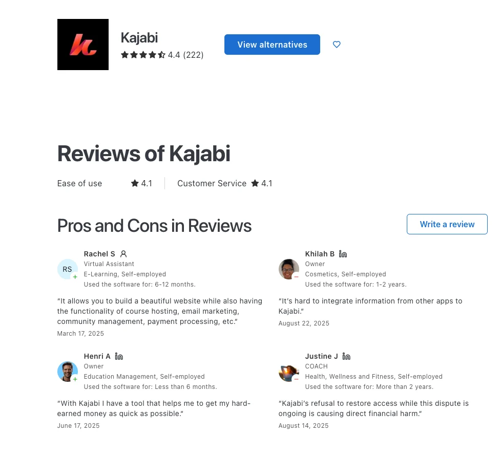 Kajabi Capterra review showing user ratings and feedback summary