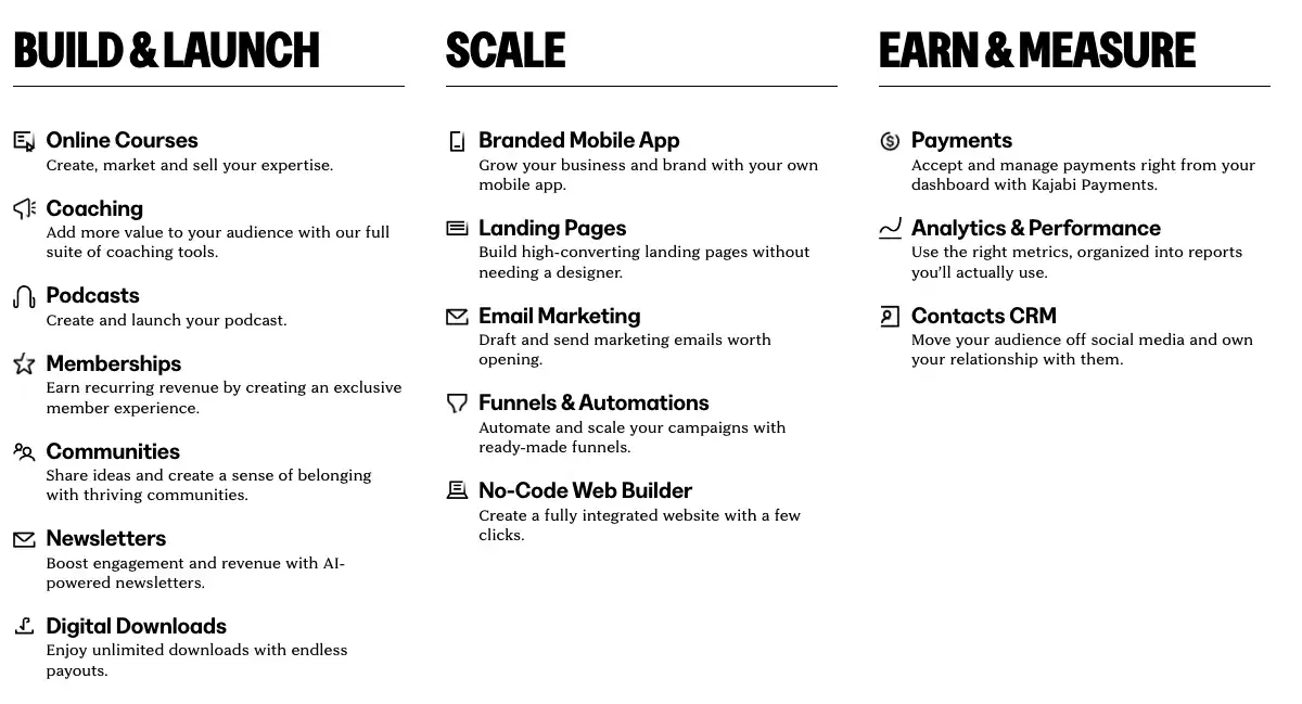 Kajabi's main features and tools, including course creation, website builder, email marketing, and automation