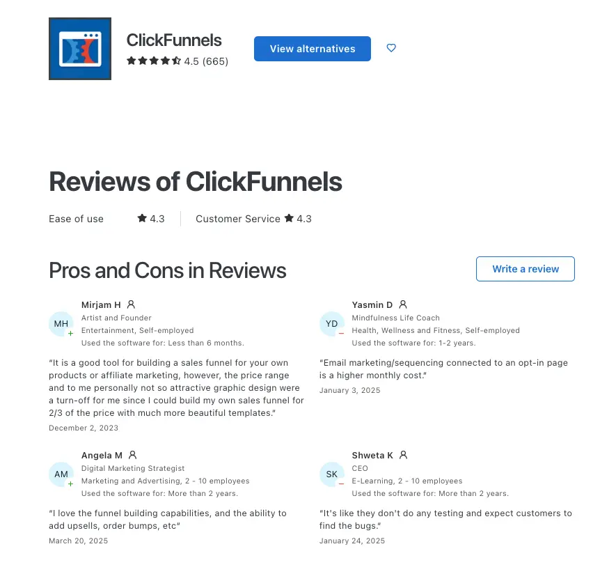 ClickFunnels Capterra review summary