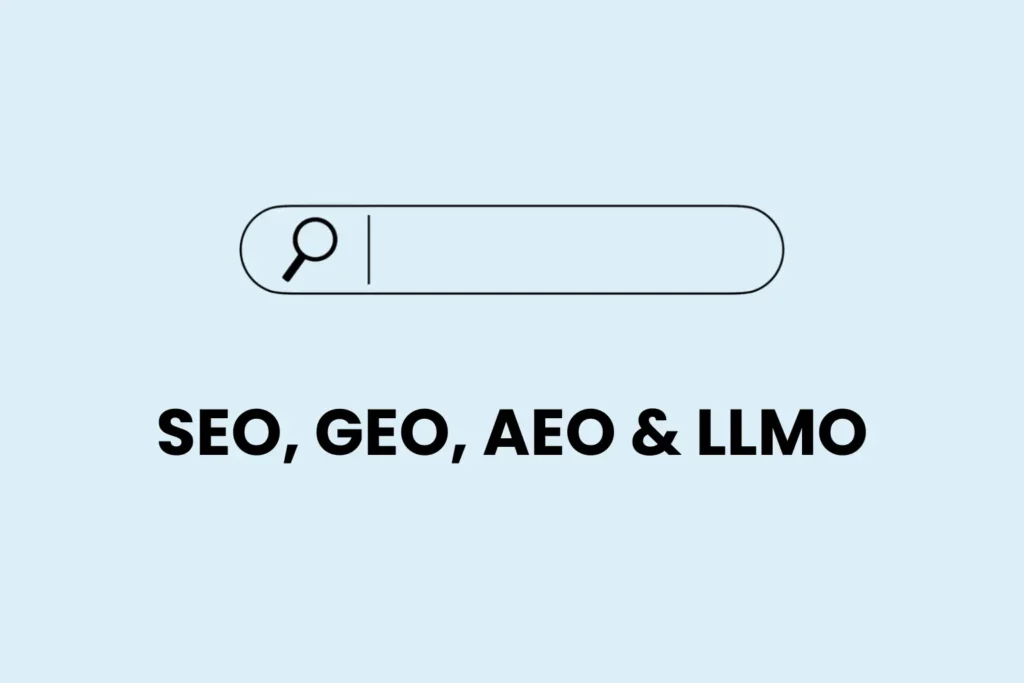 Evolution of search optimization — SEO, GEO, AEO and LLMO illustrated.