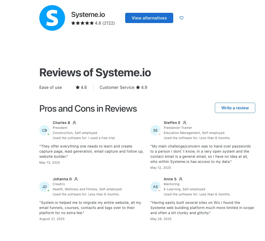 Systeme.io Capterra rating and customer reviews overview