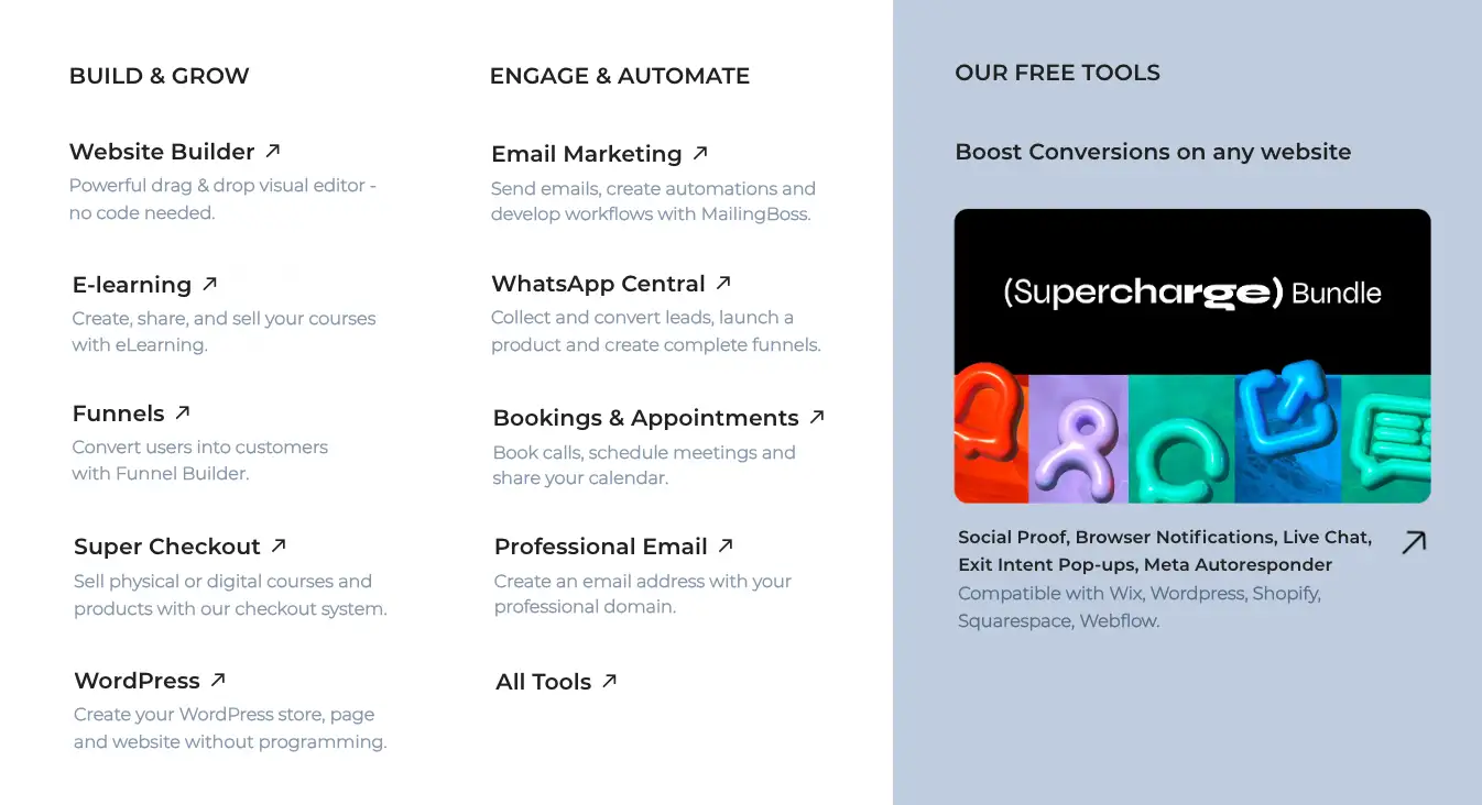 Builderall's main features and tools dashboard showing 50+ marketing tools